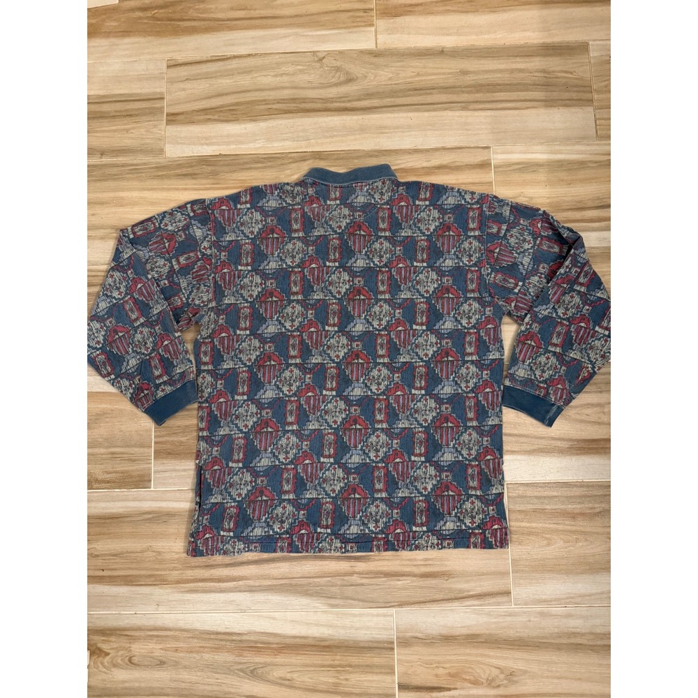 Vintage Izod Lacoste Long Sleeve Polo Shirt XL Geometric Abstract Print Cotton - Picture 4 of 6